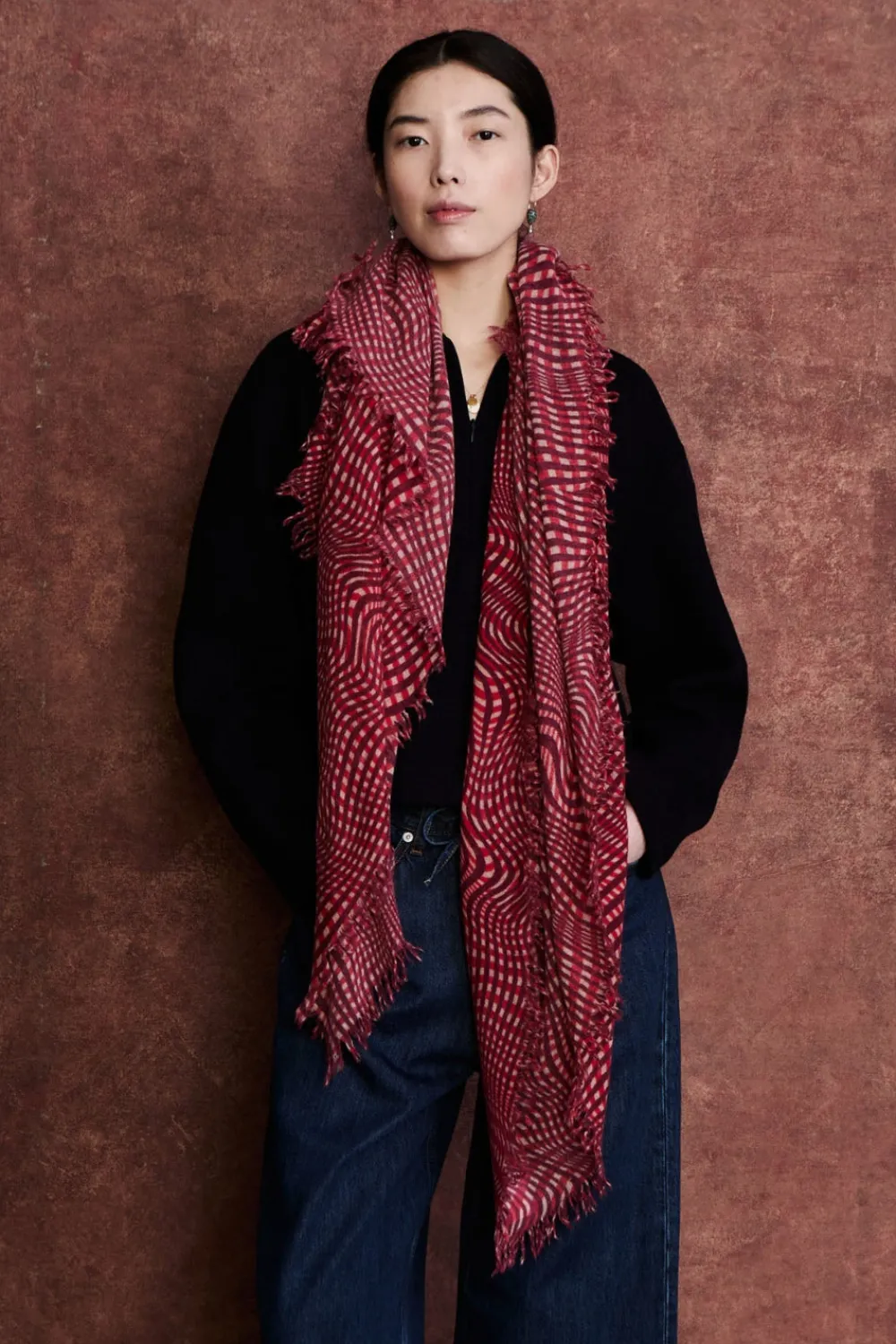 Chan Luu 100% Cashmere Scarf Red Warped Plaid