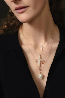 Chan Luu 14k Chandelier Pearl Cross Necklace Natural Pink
