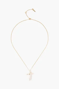 Chan Luu 14k White Baroque Pearl Cross and Champagne Diamond Necklace