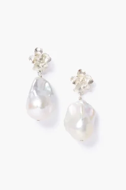Chan Luu Silver Hibiscus Pearl Drop Earrings