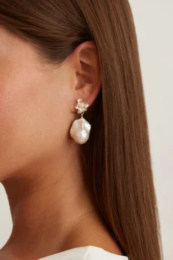 Chan Luu Silver Hibiscus Pearl Drop Earrings
