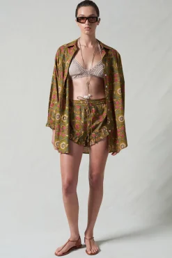 Chan Luu Widfower Printed Ruffe hort et Oive Green